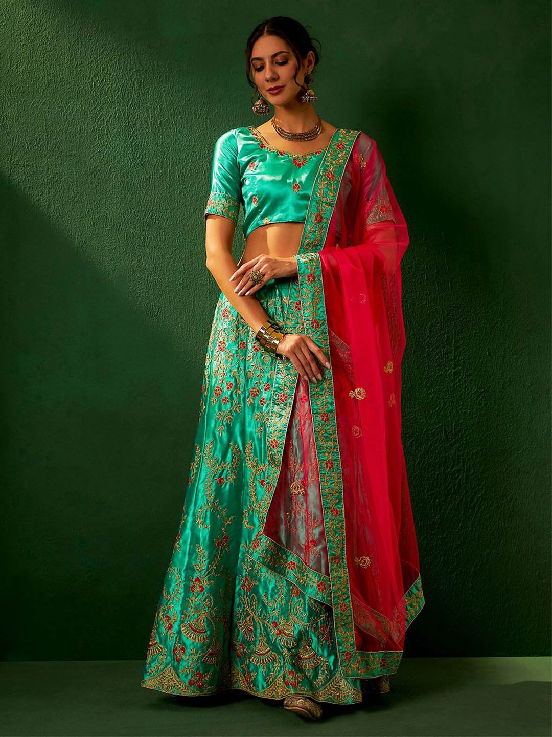 

Maroosh Embellished Thread Work Unstitched Lehenga & Blouse With Dupatta, Green