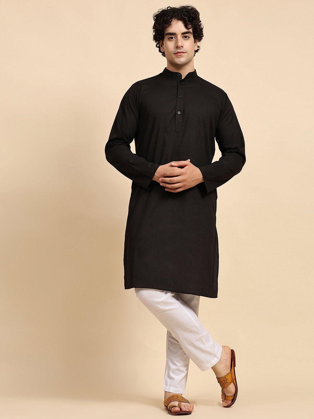 

SKAVIJ Band Collar Pure Cotton Kurta with Trouser, Black