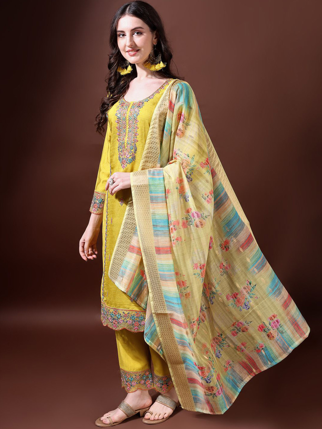 

Ziva Fashion Women Ethnic Motifs Embroidered Kurta with Trousers & With Dupatta, Mustard