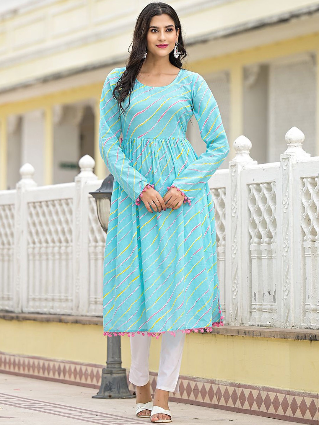 

AKS Couture Women Leheriya Striped Anarkali Kurta, Blue