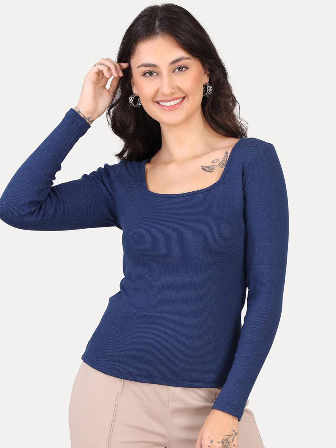 

VISO Women Solid Square Neck Top, Navy blue