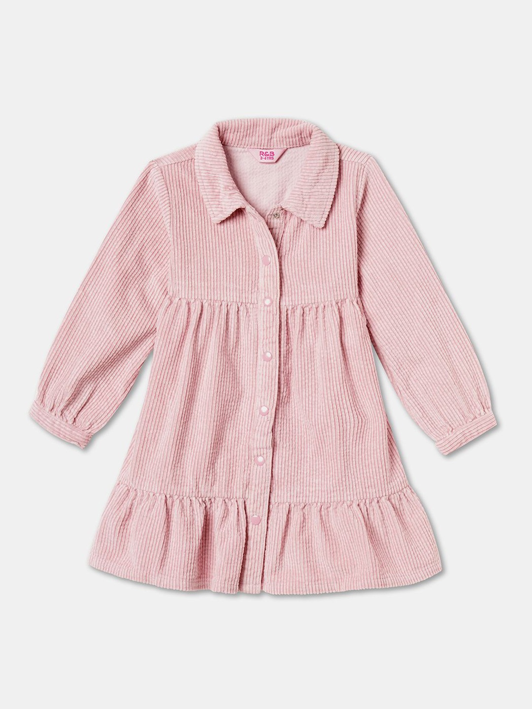 

R&B Girls Shirt Collar Cuffed Sleeves Shirt Dress, Pink