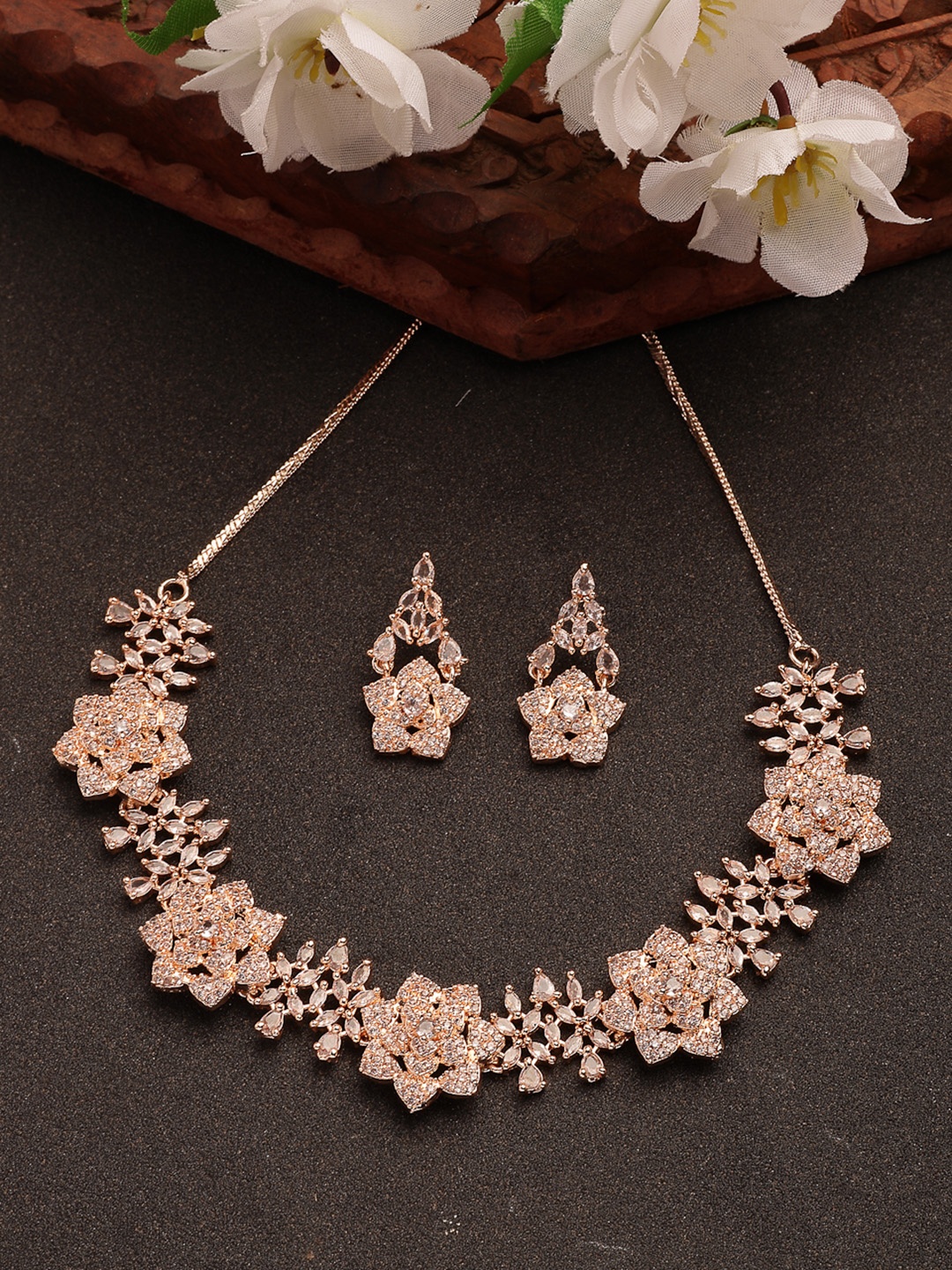 

NVR Rose Gold-Plated American Diamond-Studded Jewellery Set