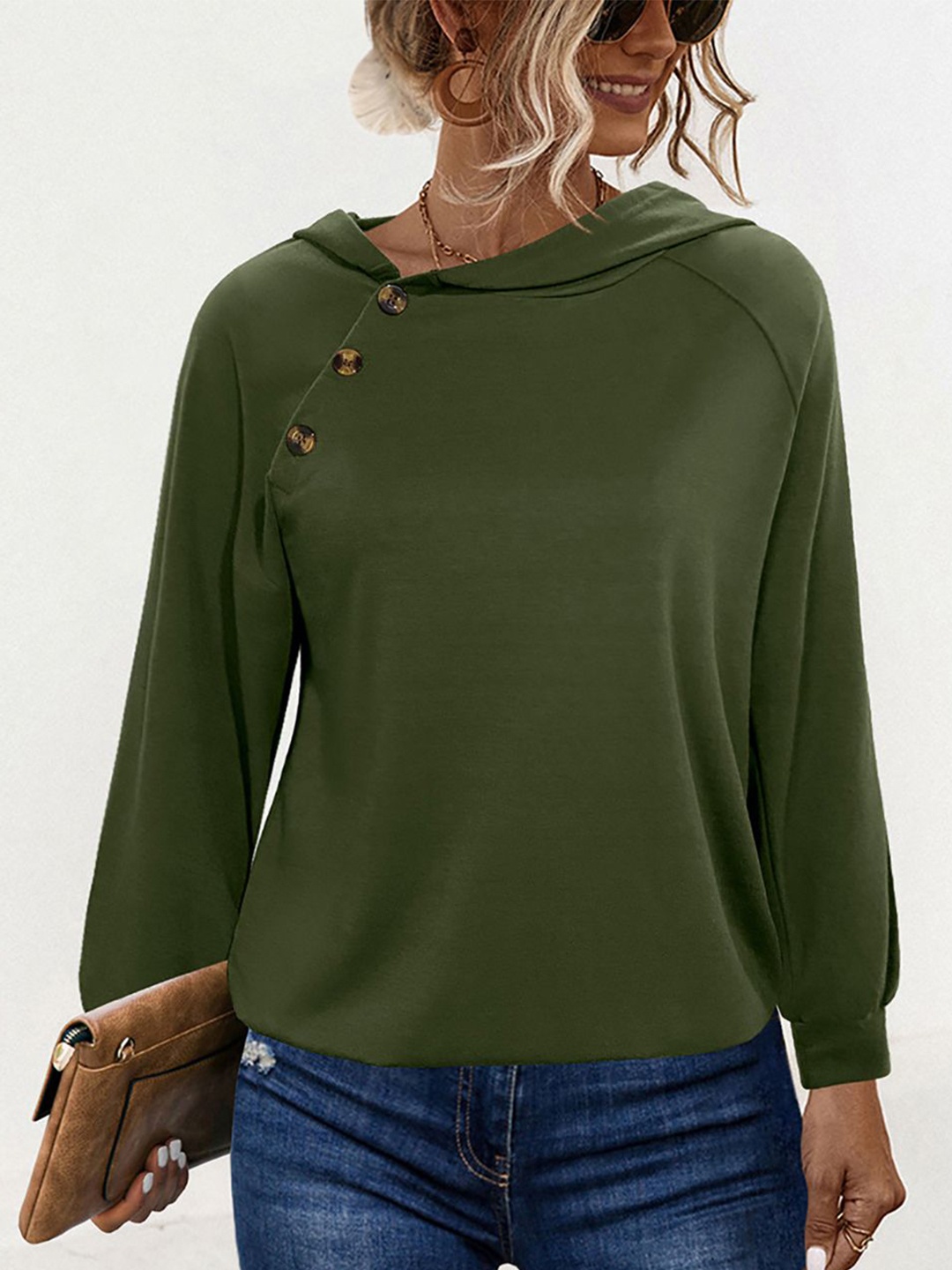 

StyleCast x Revolte Women Solid Hood Pullover Sweatshirt, Green