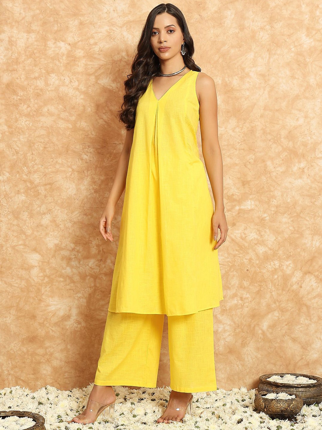 

DIVINATION V-Neck Sleeveless Pure Cotton Top With Palazzo, Yellow
