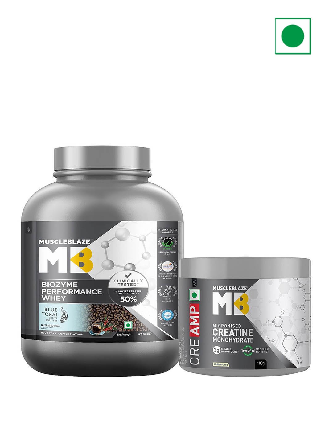 

MuscleBlaze Set Of 2 Biozyme Performance Whey & Creatine Monohydrate - 2kg & 100g, Brown