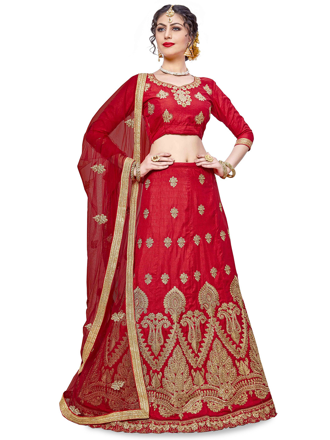 

Maroosh Embroidered Thread Work Unstitched Lehenga & Blouse With Dupatta, Red