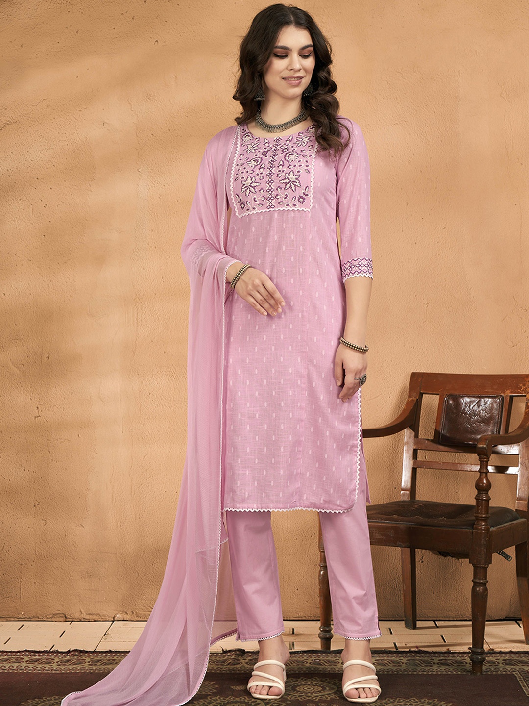 

Anouk Pink Floral Embroidered Thread Work Pure Cotton Kurta with Trouser & Dupatta