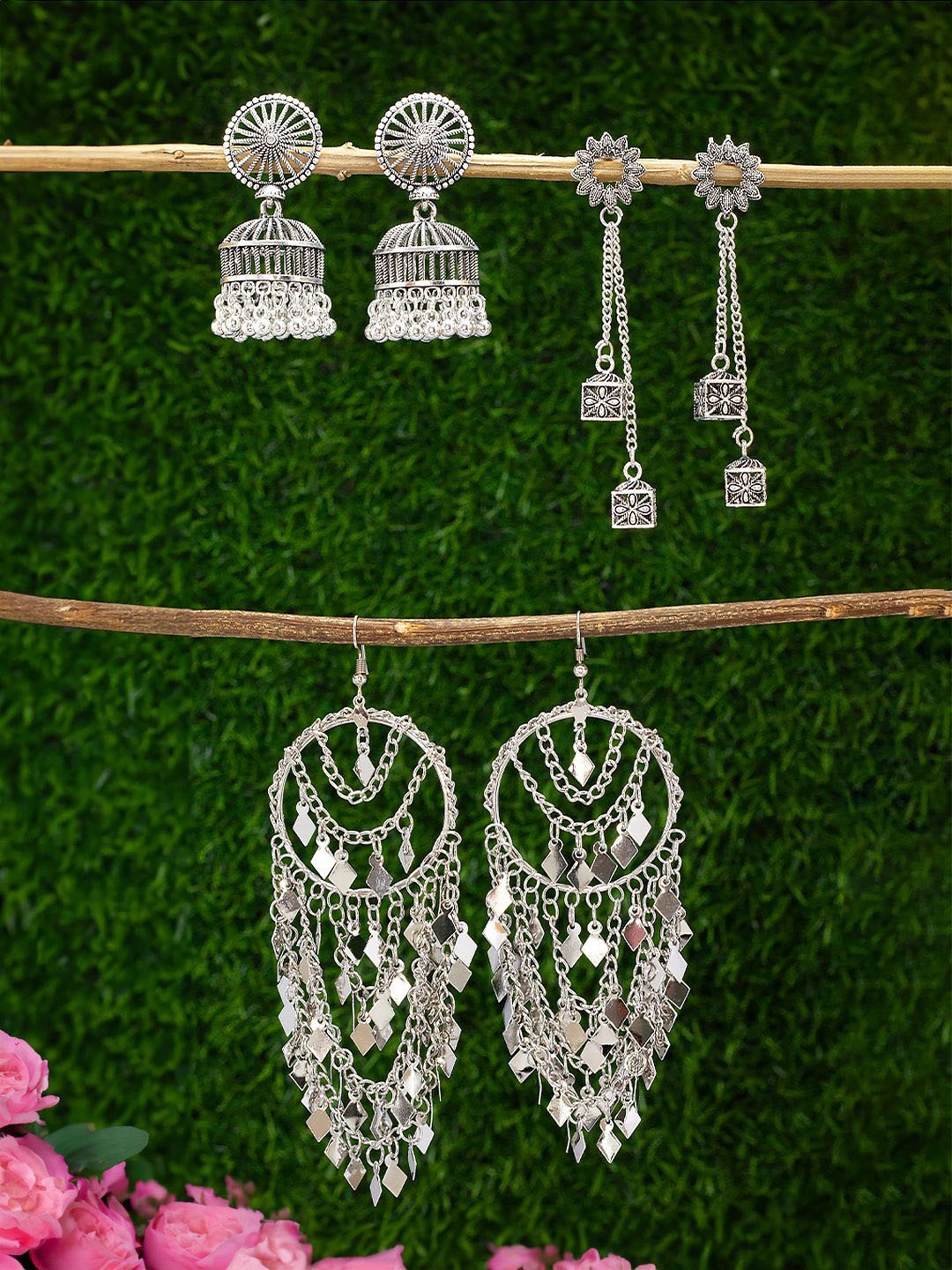 

PRIVIU Set of 3 Silver Oxidised Jhumkas & Drop Earrings