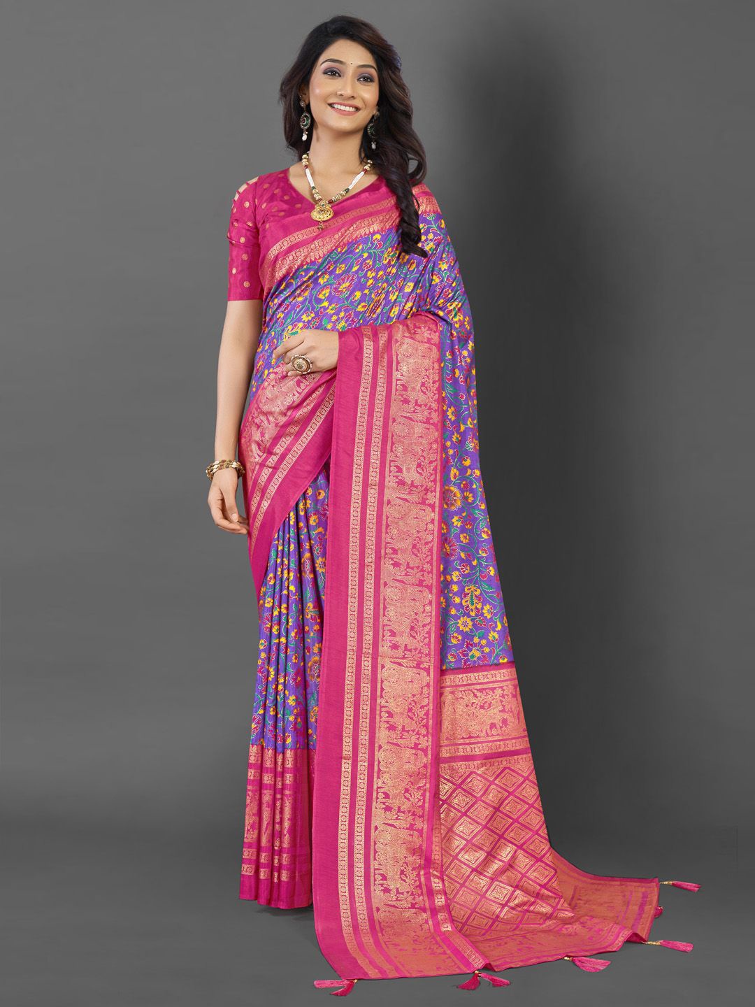 

Mitera Ethnic Motifs Printed Zari Pochampally Saree, Lavender