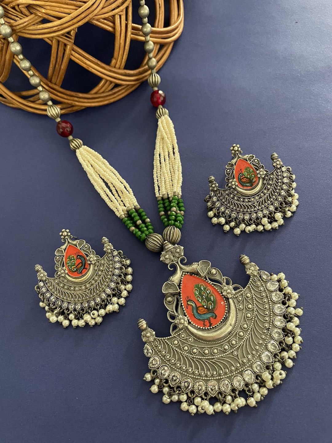 

Digital Dress Room Silver Plated Stone & Beaded Studded Peacock Necklace & Earrings