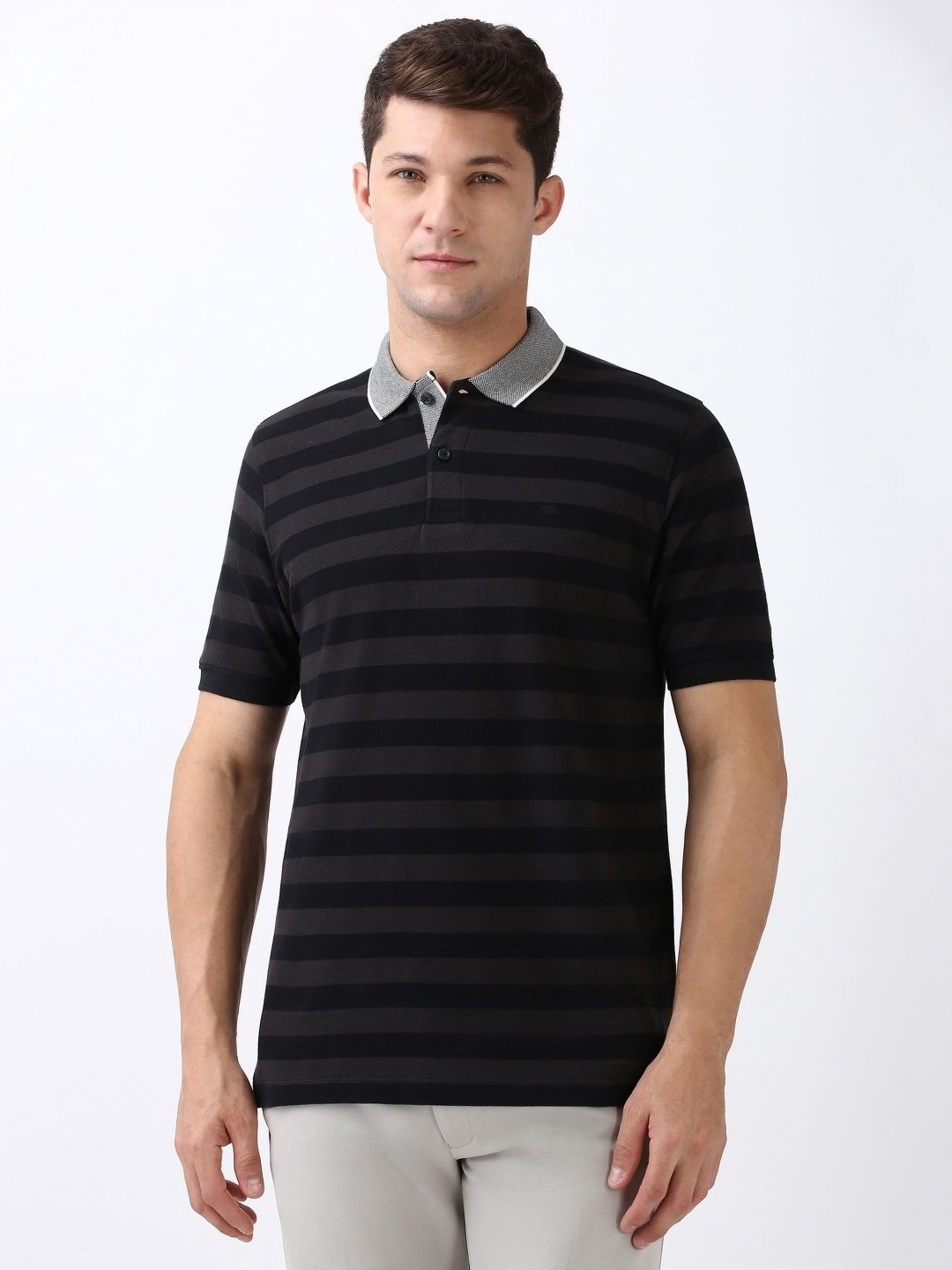 

Peter England Men Striped Polo Collar Cotton T-shirt, Black