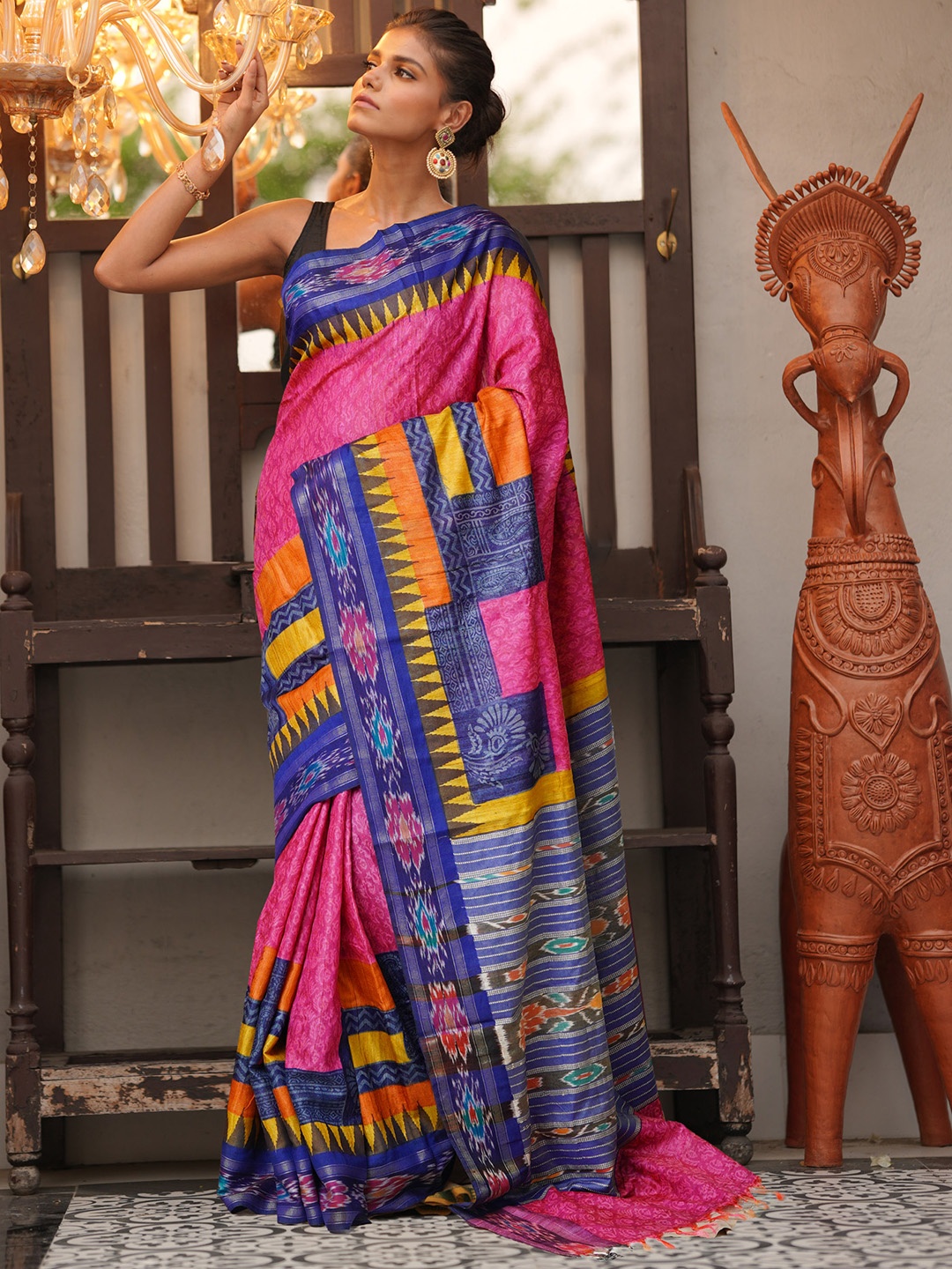 

Unnati Silks Ethnic Motifs Pure Silk Handloom Tussar Saree, Pink