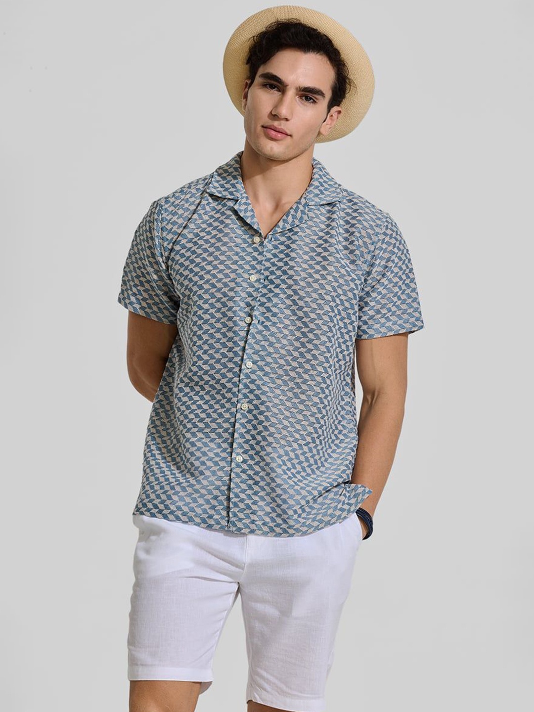 

Snitch Men Relaxed Cuban Collar Geometric Printed Cotton Casual Shirt, Blue