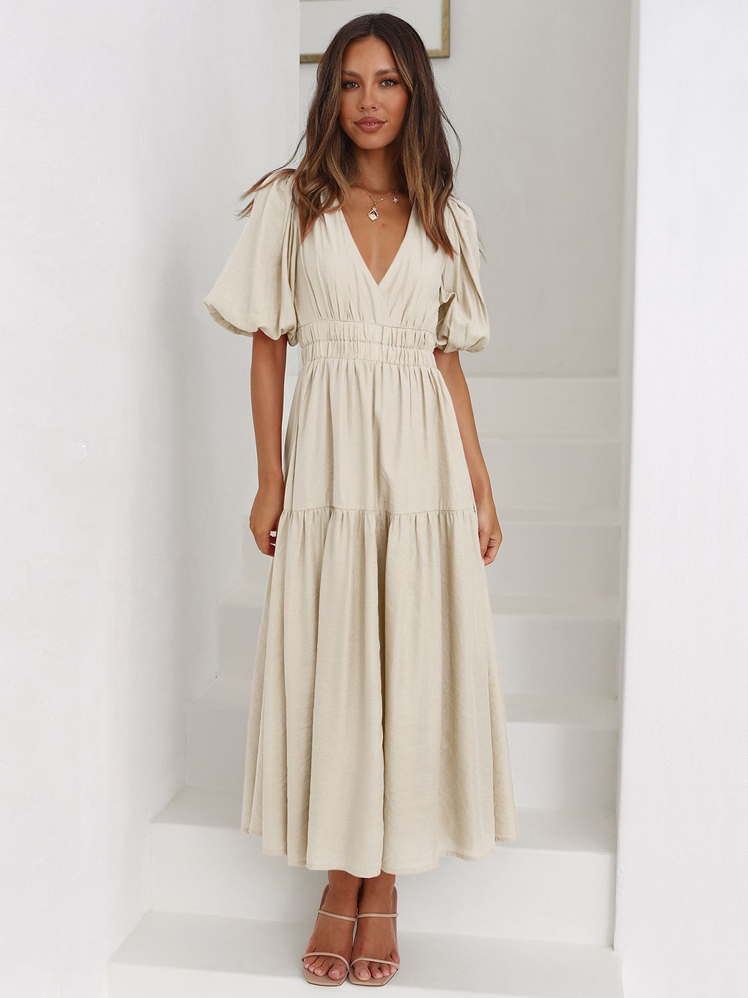 

HERE&NOW Women Solid V-Neck Fit and Flare Maxi Dress, Beige