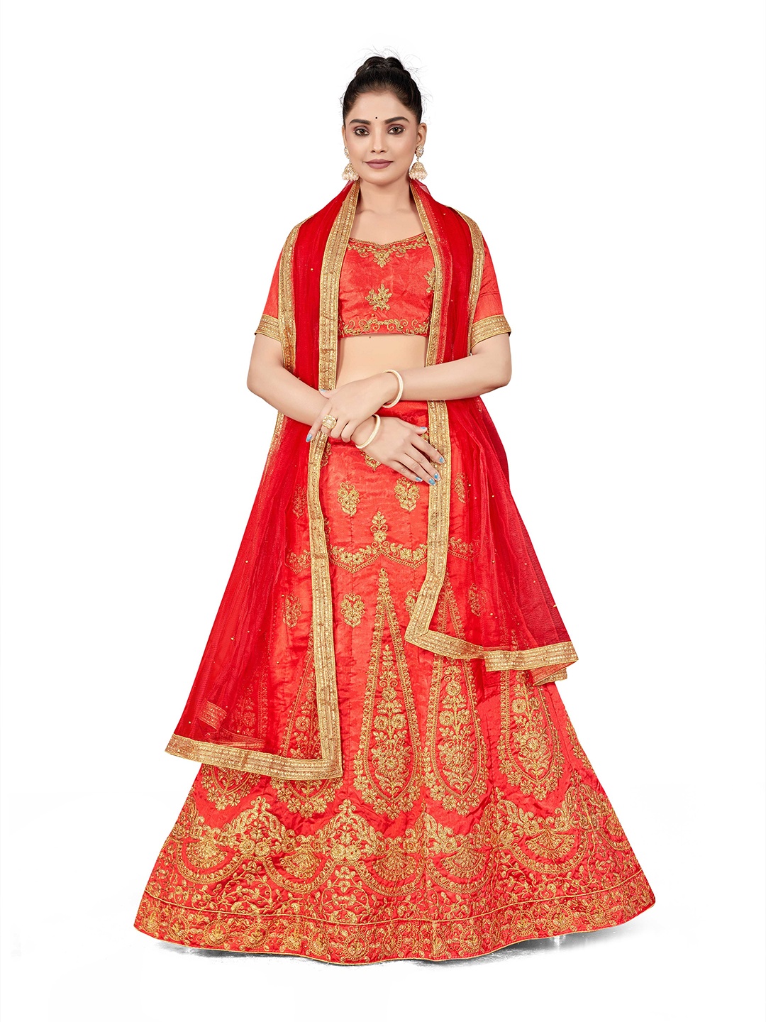 

Maroosh Embellished Thread Work Unstitched Lehenga & Blouse With Dupatta, Rust