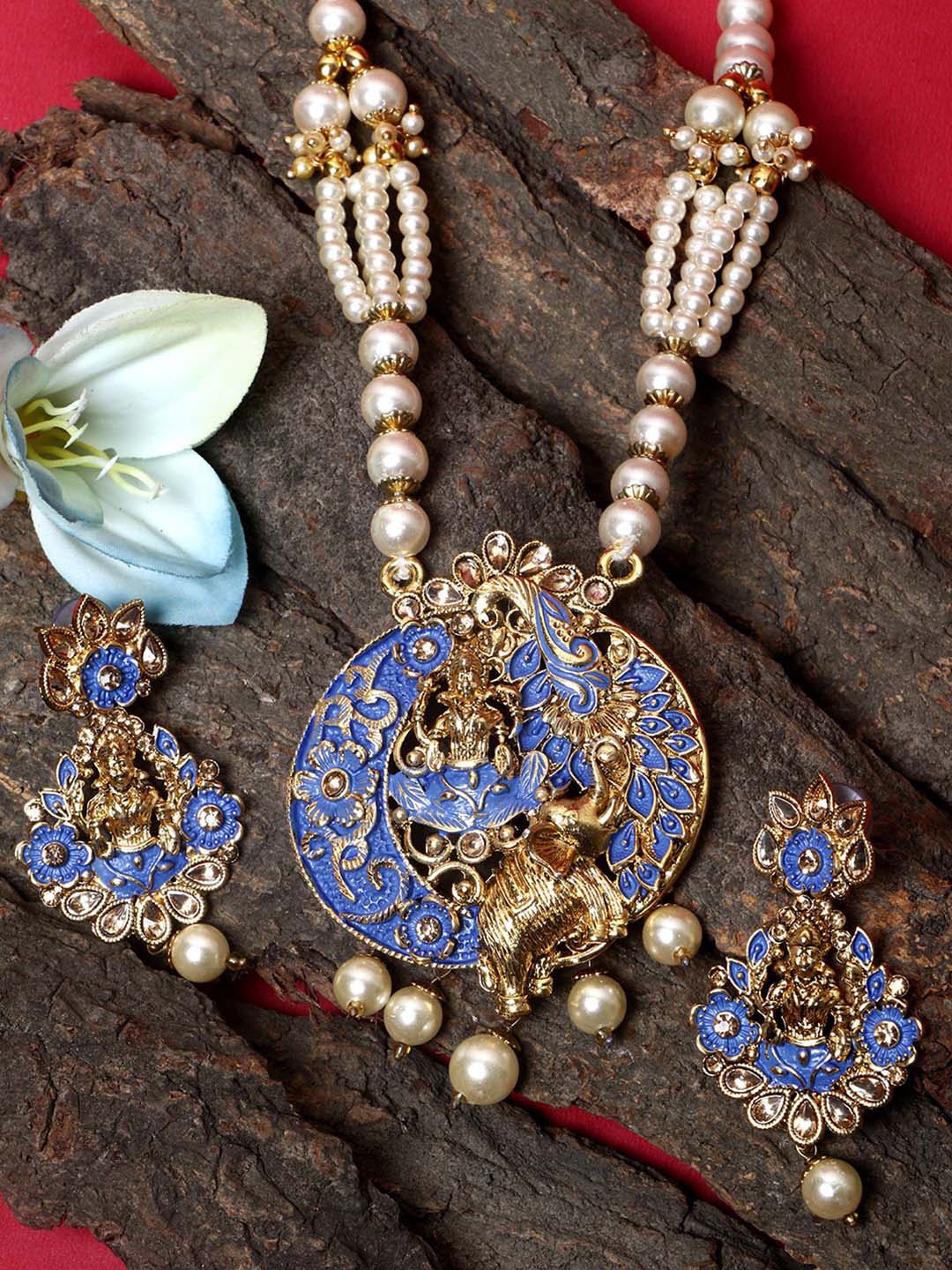 

ANIKAS CREATION Gold-Plated Stone-Studded & Beaded Temple Jewellery Set