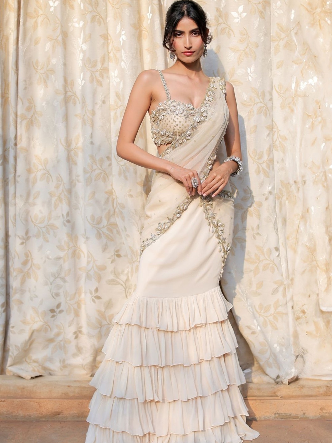 

Foram Patel Embellished Beads and Stones Pure Georgette Lehenga Saree, Cream