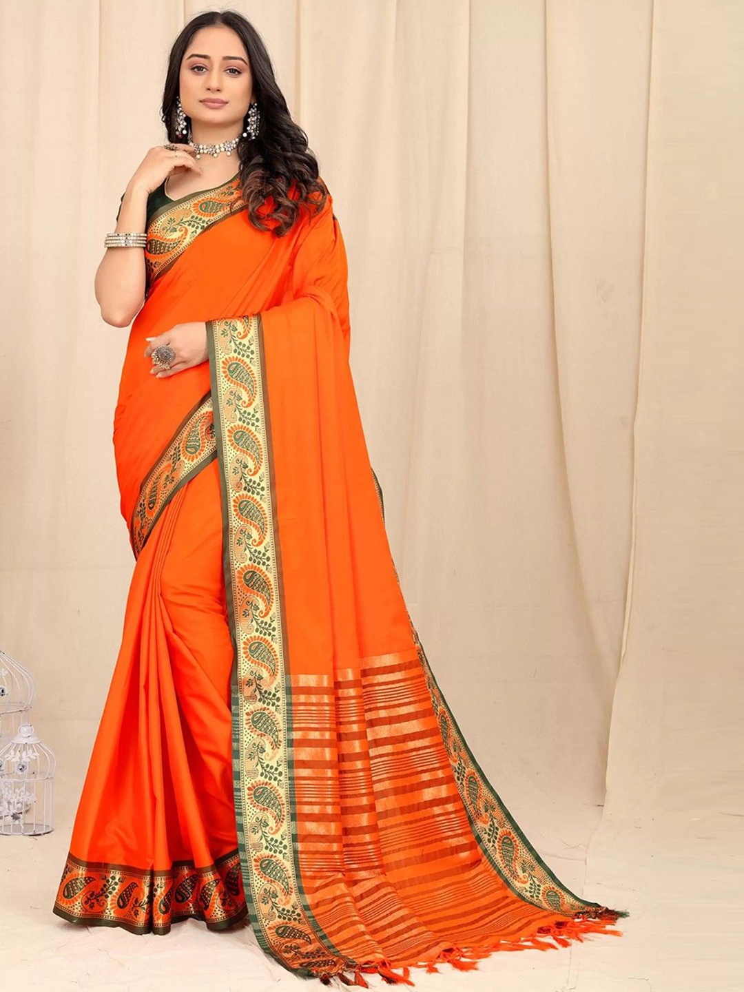 

LADY SHOPI Ethnic Motifs Solid Woven Design Zari Festive Saree, Orange