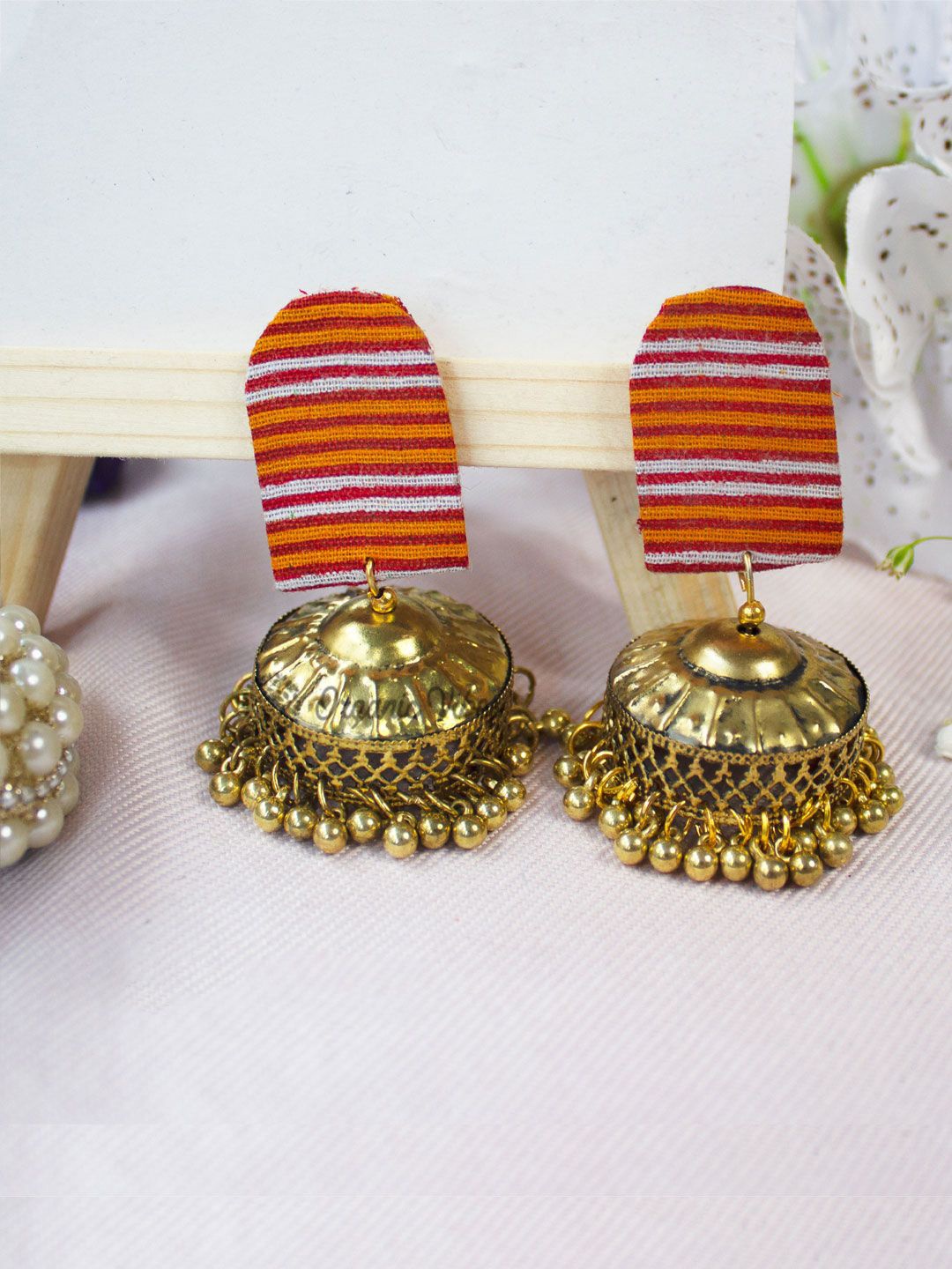 

Sangria Flower Dome Shaped Beaded Jhumkas, Gold