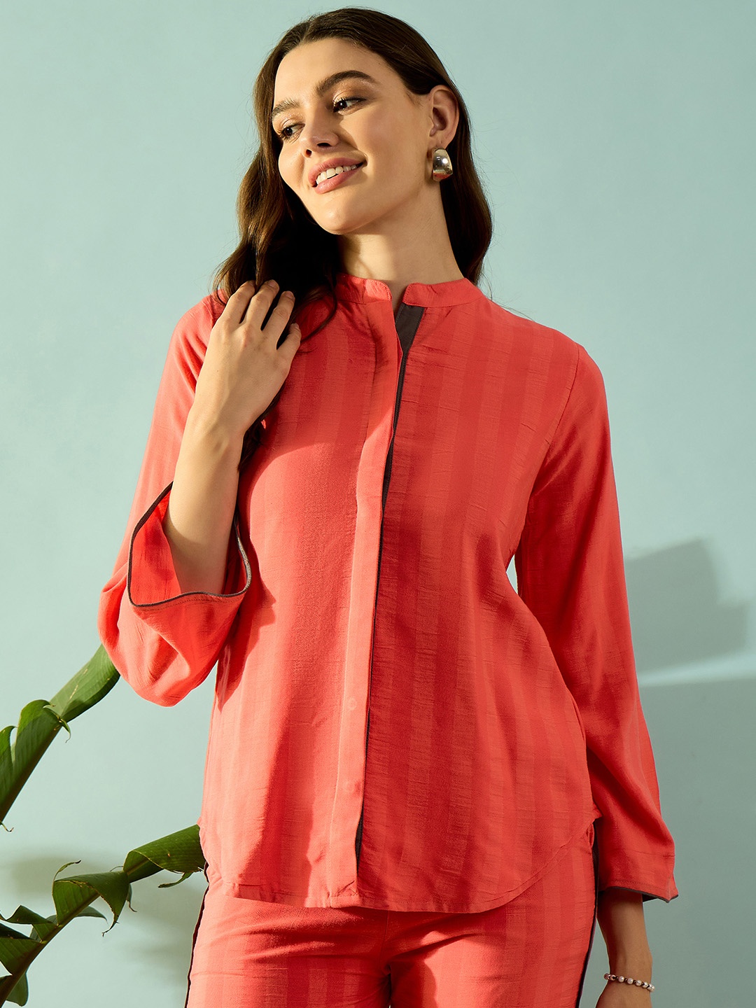 

The Kaftan Company Striped Pure Cotton Shirt With Trousers Co-Ords, Peach