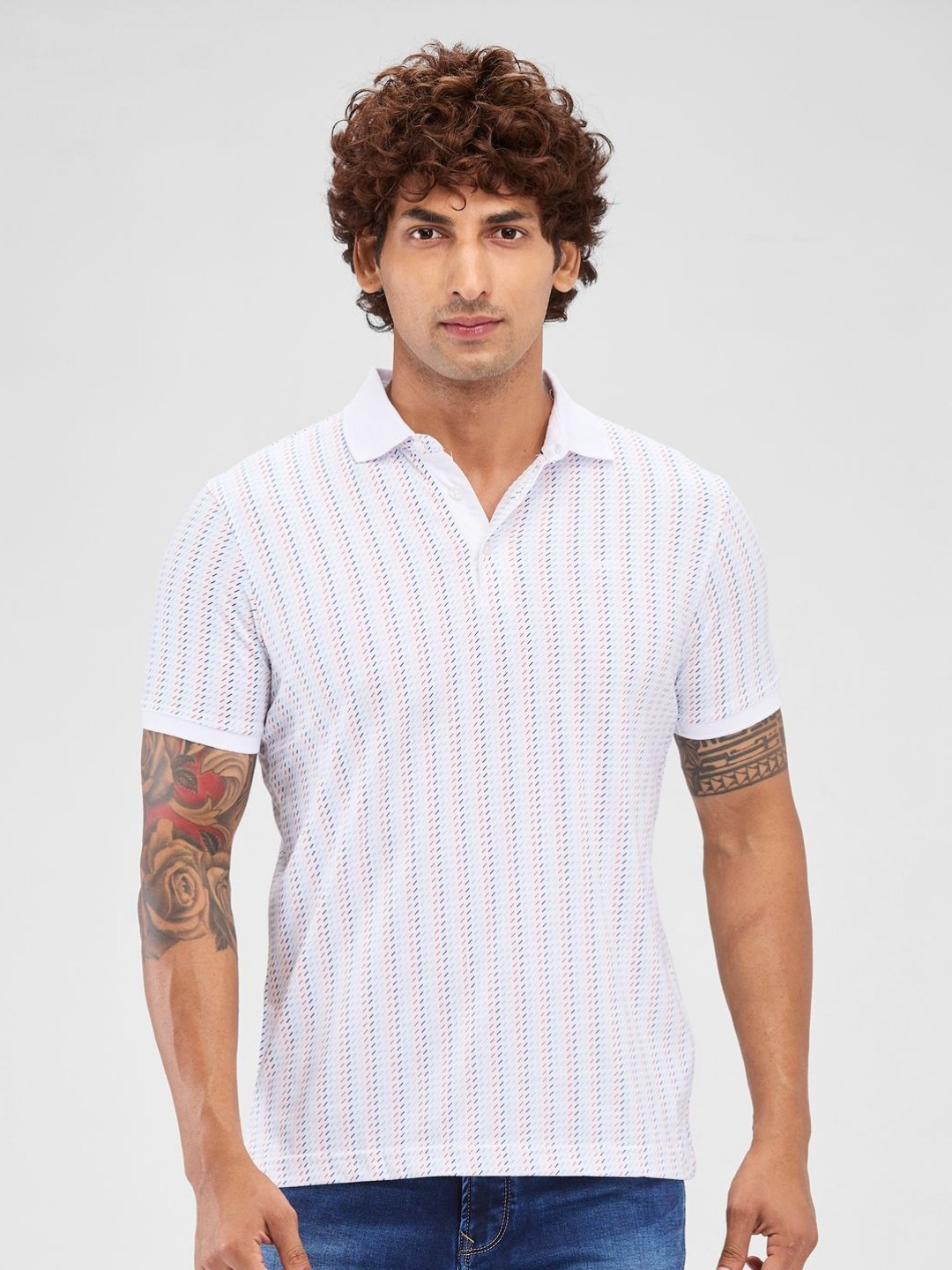 

Park Avenue Men Striped Polo Collar Cotton T-shirt, White