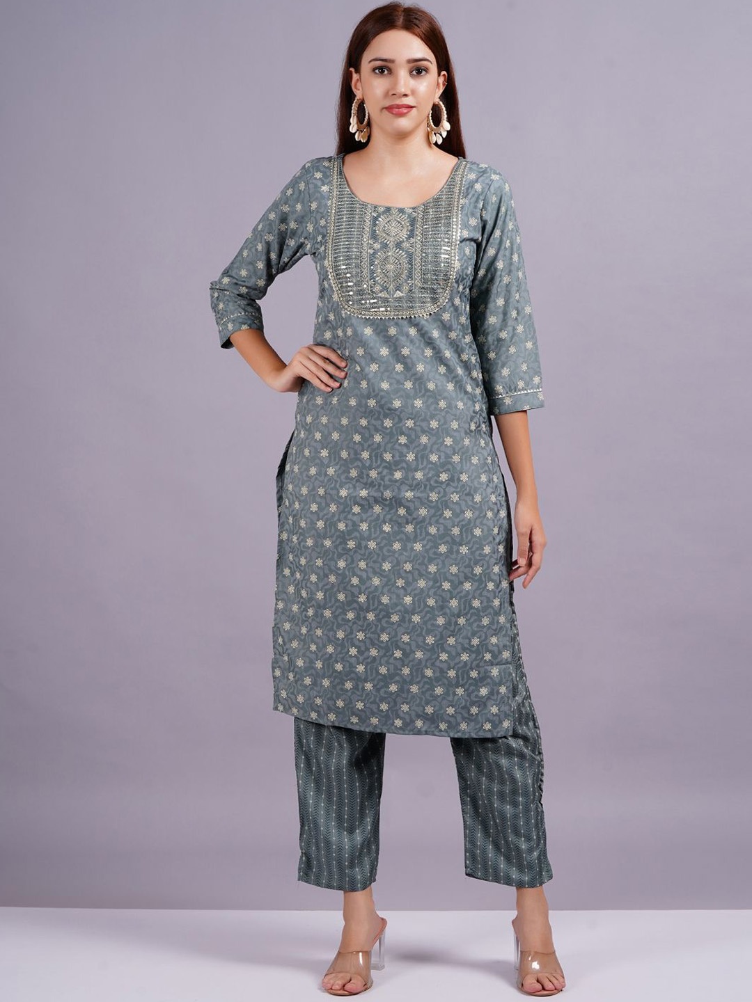 

KALINI Floral Printed Sequinned Round Neck Straight Kurta with Trouser & Dupatta, Grey