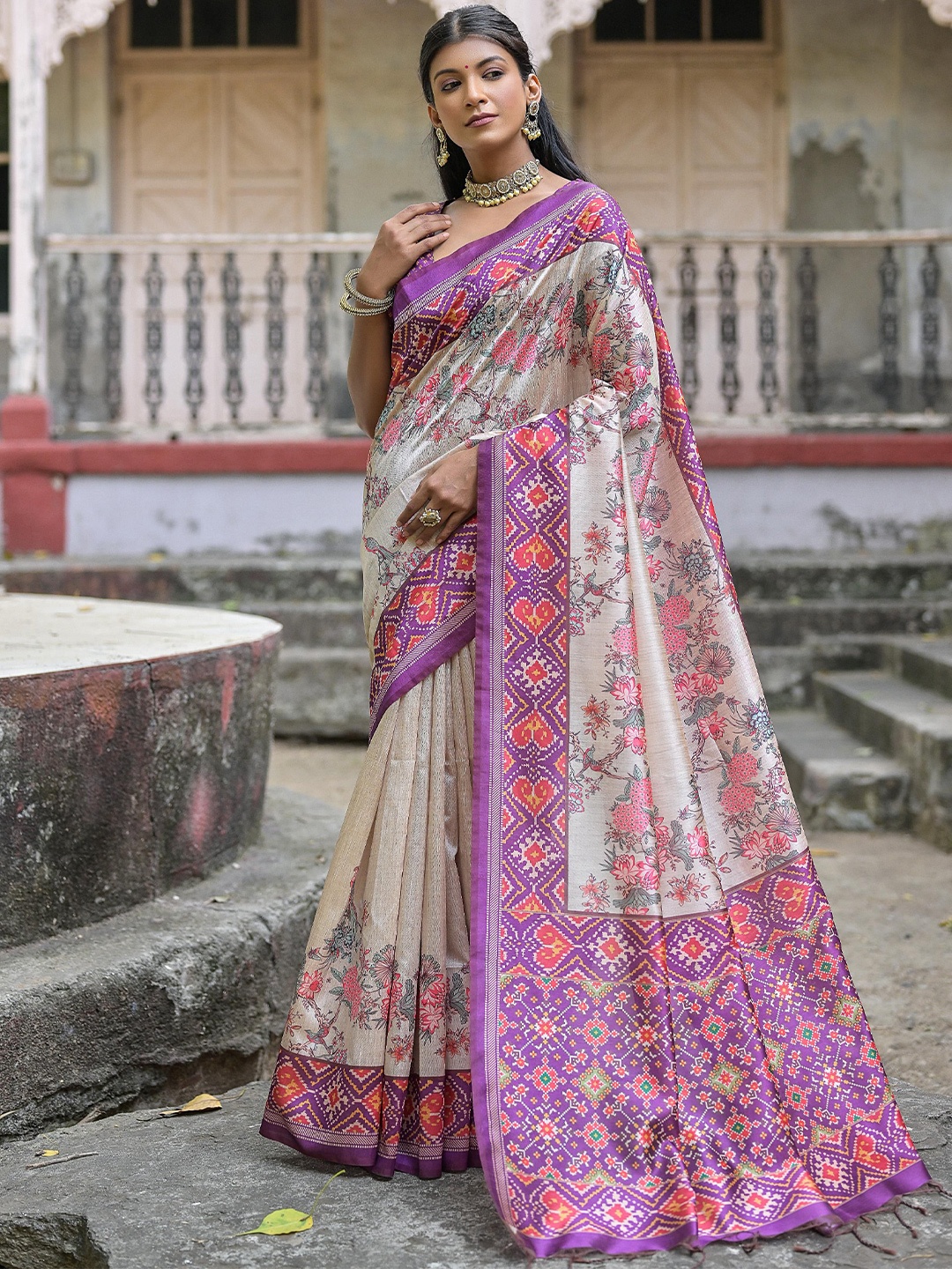 

Kandora Floral Pure Silk Tussar Saree, Lavender
