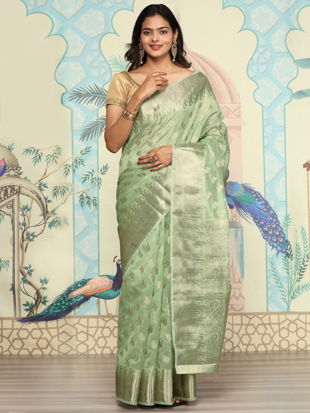 

Ramraj Ethnic Motifs Zari Organza Saree, Green