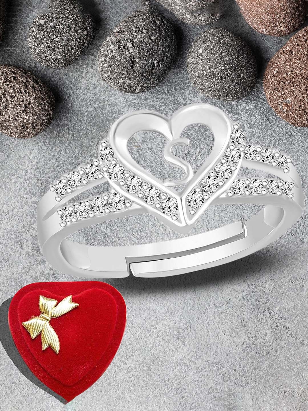 

Lila Silver-Plated American Diamond Studded With Alphabet S Heart Shaped Finger Ring