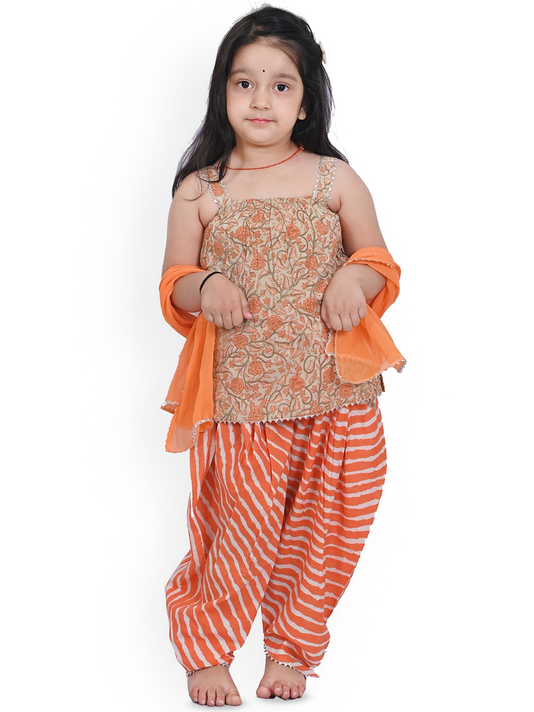 

Cloth Bites Girls Floral Printed Regular Pure Cotton Kurti , Patiala Pajama with Dupatta|, Orange