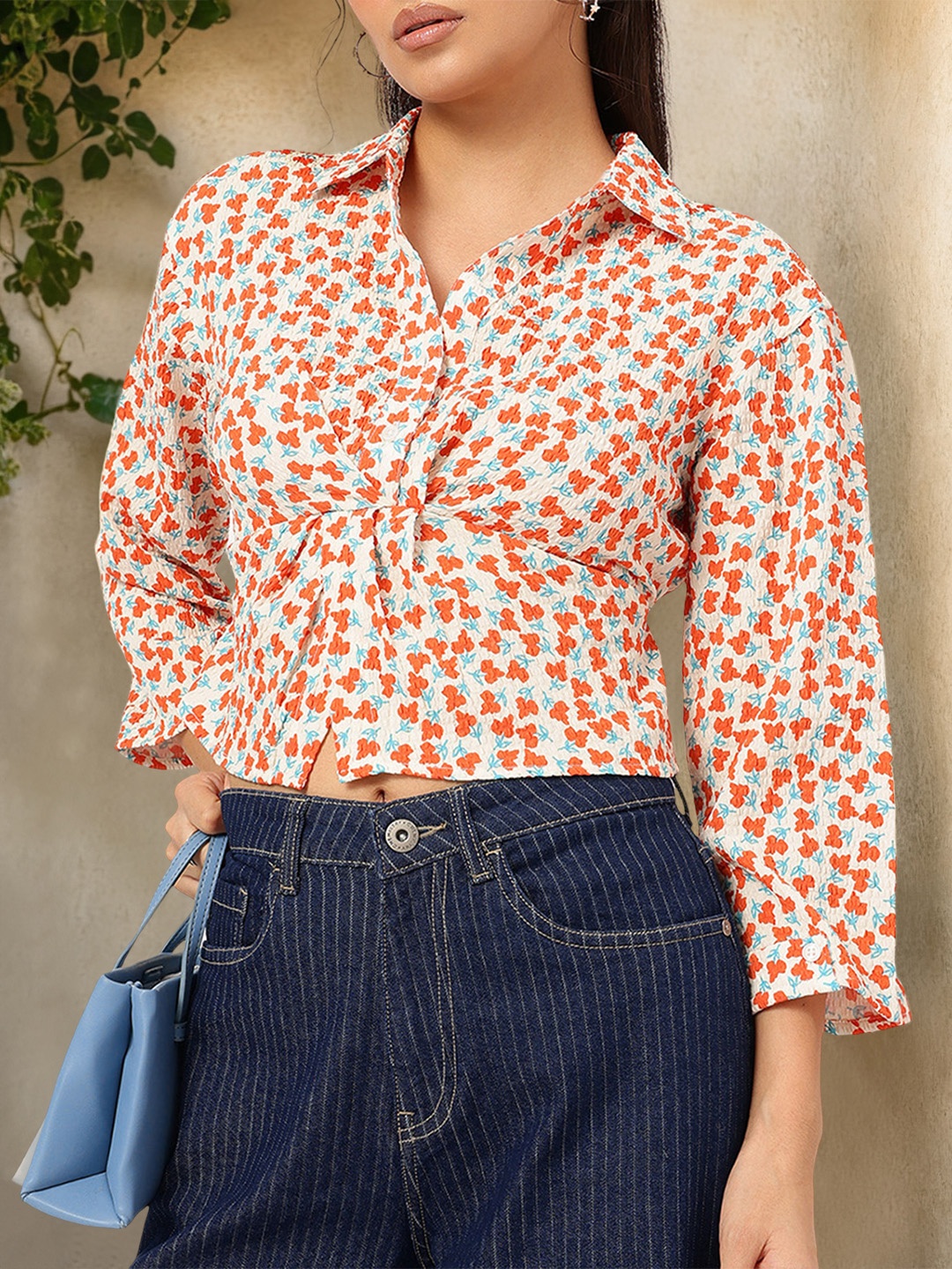

DressBerry Textured Florals Shirt-Style Top, White