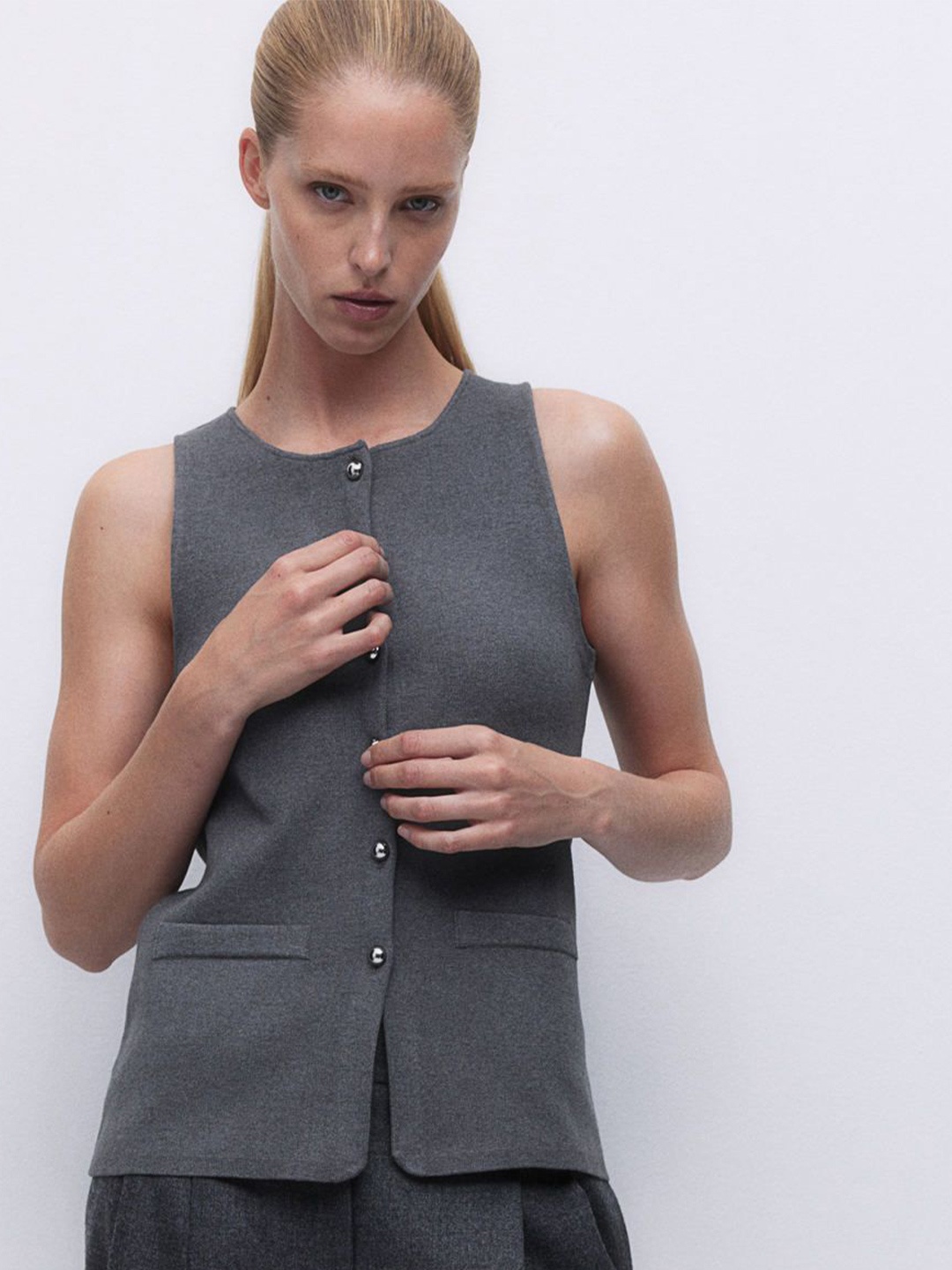 

H&M Button-Front Vest Top, Grey