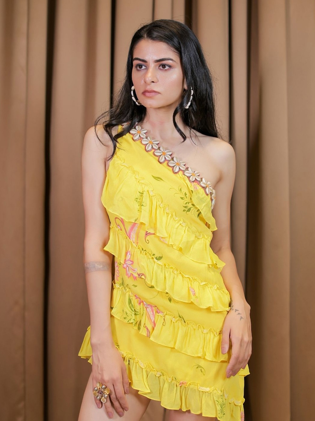 

Foram patel Yellow Embroidered One Shoulder Ruffle Dress