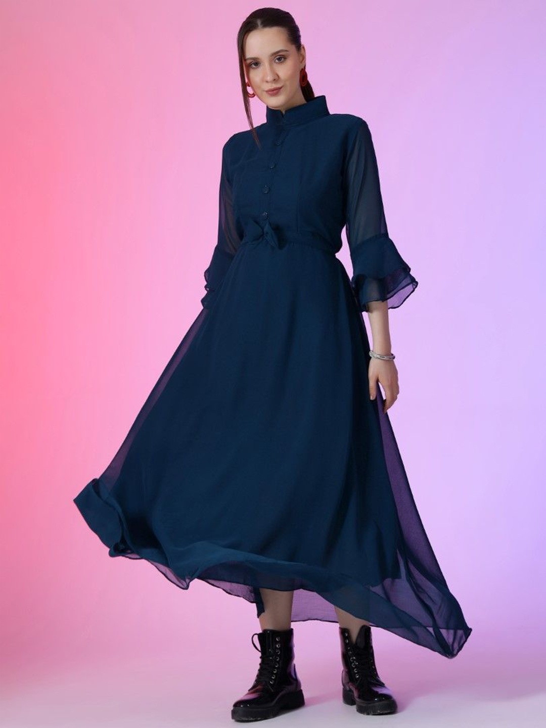 

Krunal Raiyani Women Flared Sleeve Fit & Flare Maxi Dress, Blue