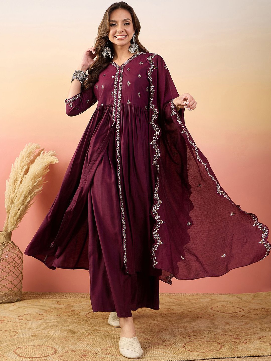 

Krimmple Women Floral Yoke Design Regular Pure Silk Kurta with Palazzos & With Dupatta, Maroon