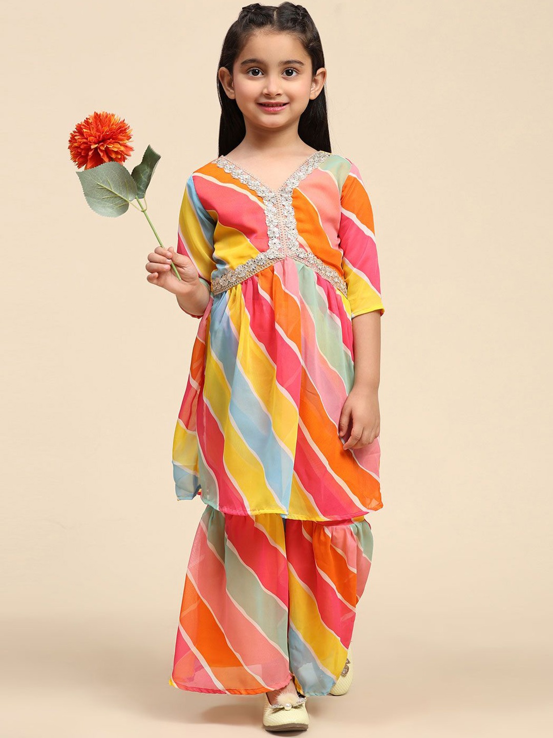 

SHIJILA Girls Printed Empire Gotta Patti Kurta with Sharara, Orange