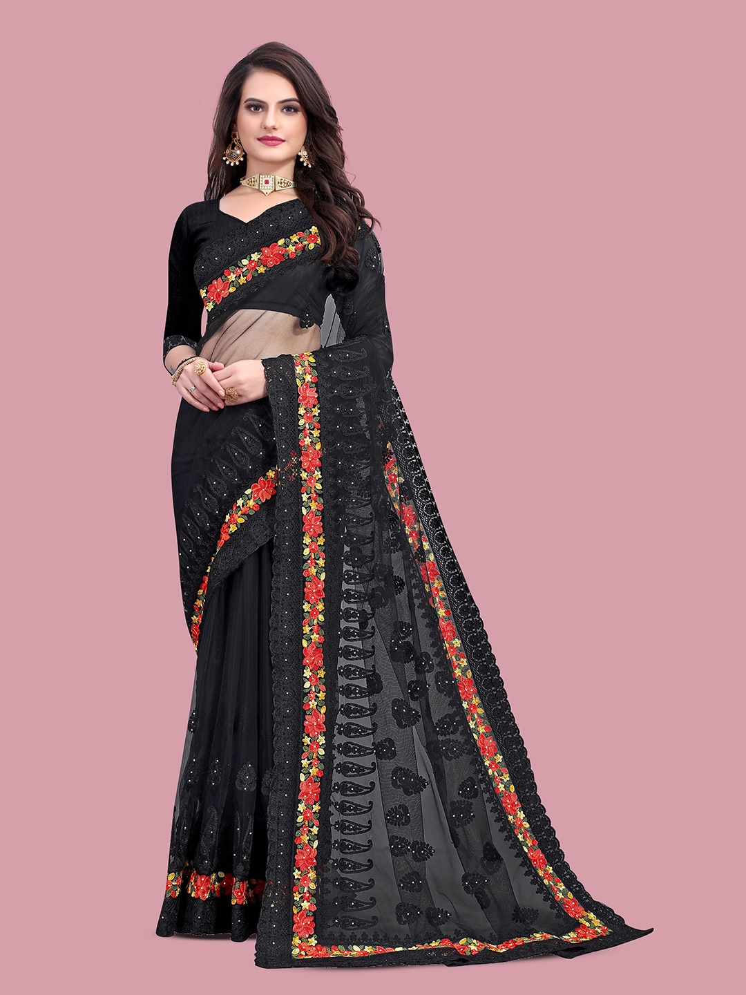 

Maroosh Floral Embroidered Saree With Beads and Stones, Black