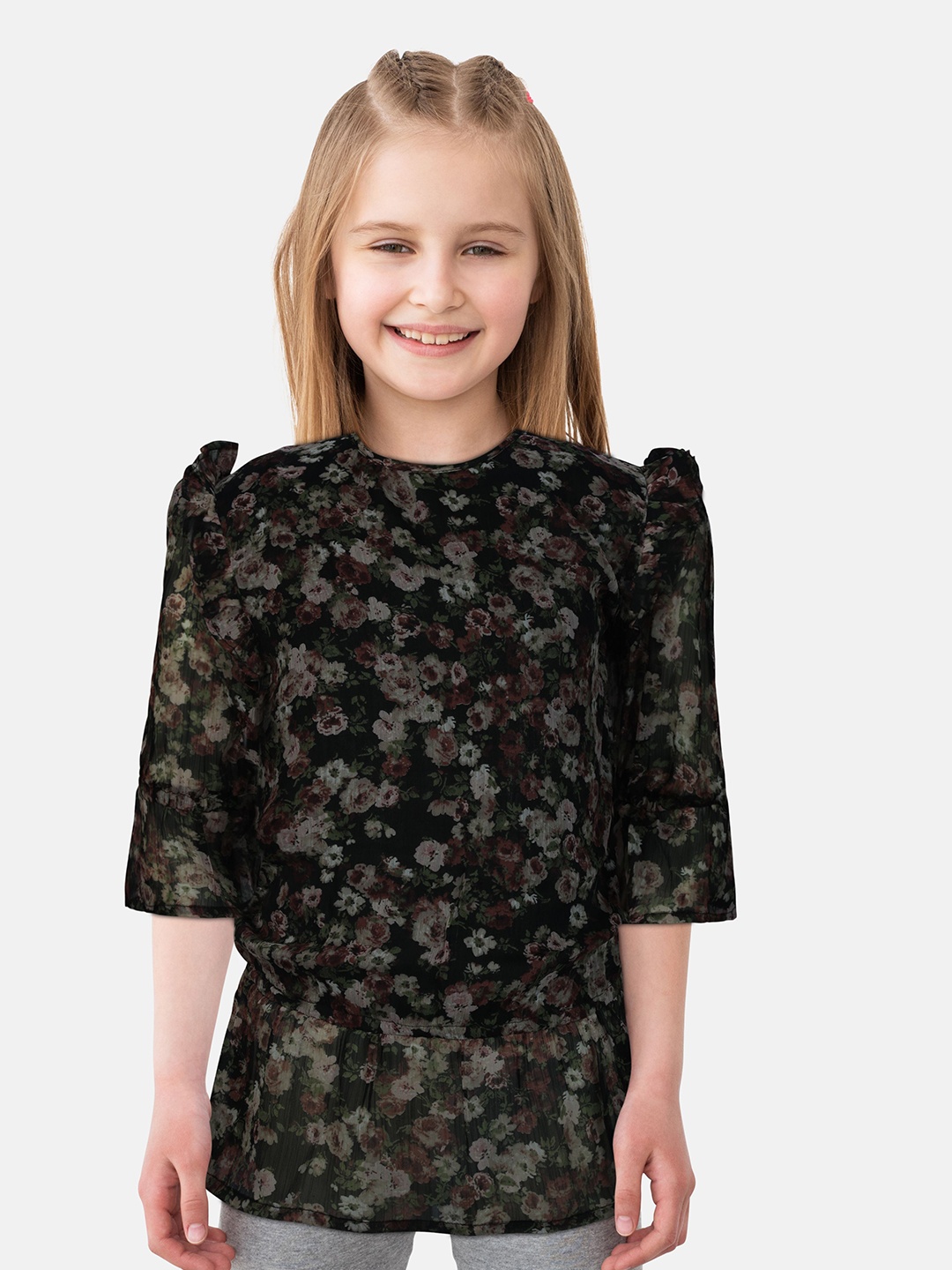 

Gini and Jony Girls Floral Printed Round Neck Cotton Top, Black