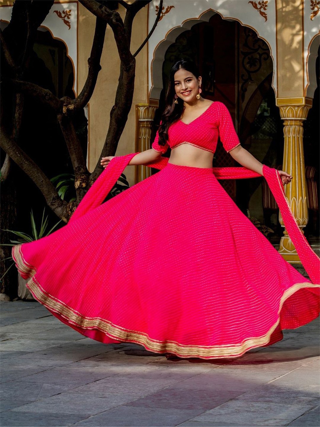 

ODETTE Printed Zari Semi-Stitched Lehenga & Unstitched Blouse With Dupatta, Pink