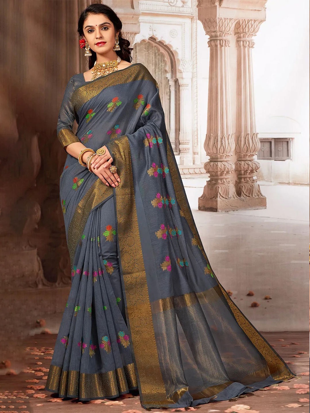 

MAHALASA Ethnic Motifs Zari Pure Cotton Banarasi Saree, Grey