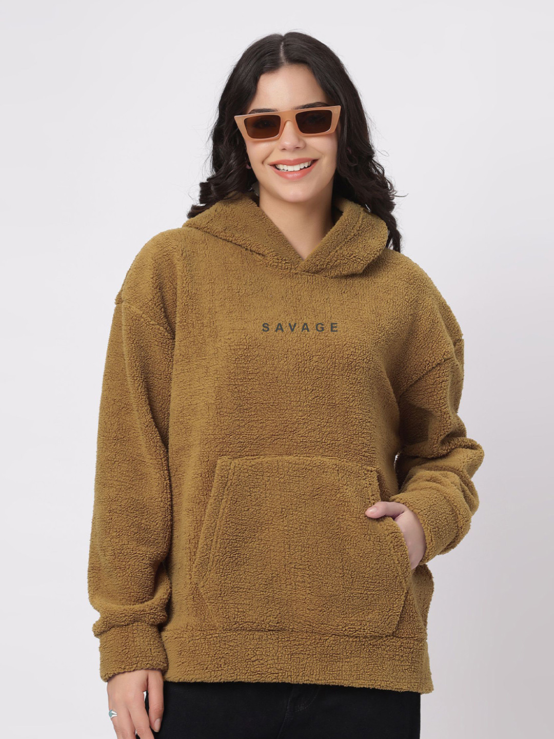 

Be Savage Women Solid Hood Fleece Pullover Sweatshirt, Brown