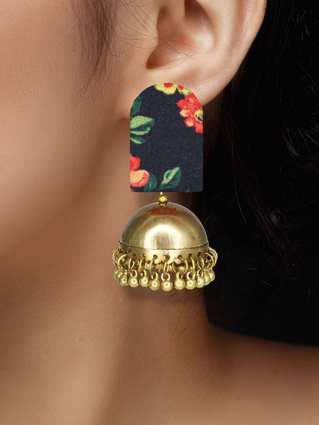 

Sangria Gold-Plated Printed & Beaded Jhumka