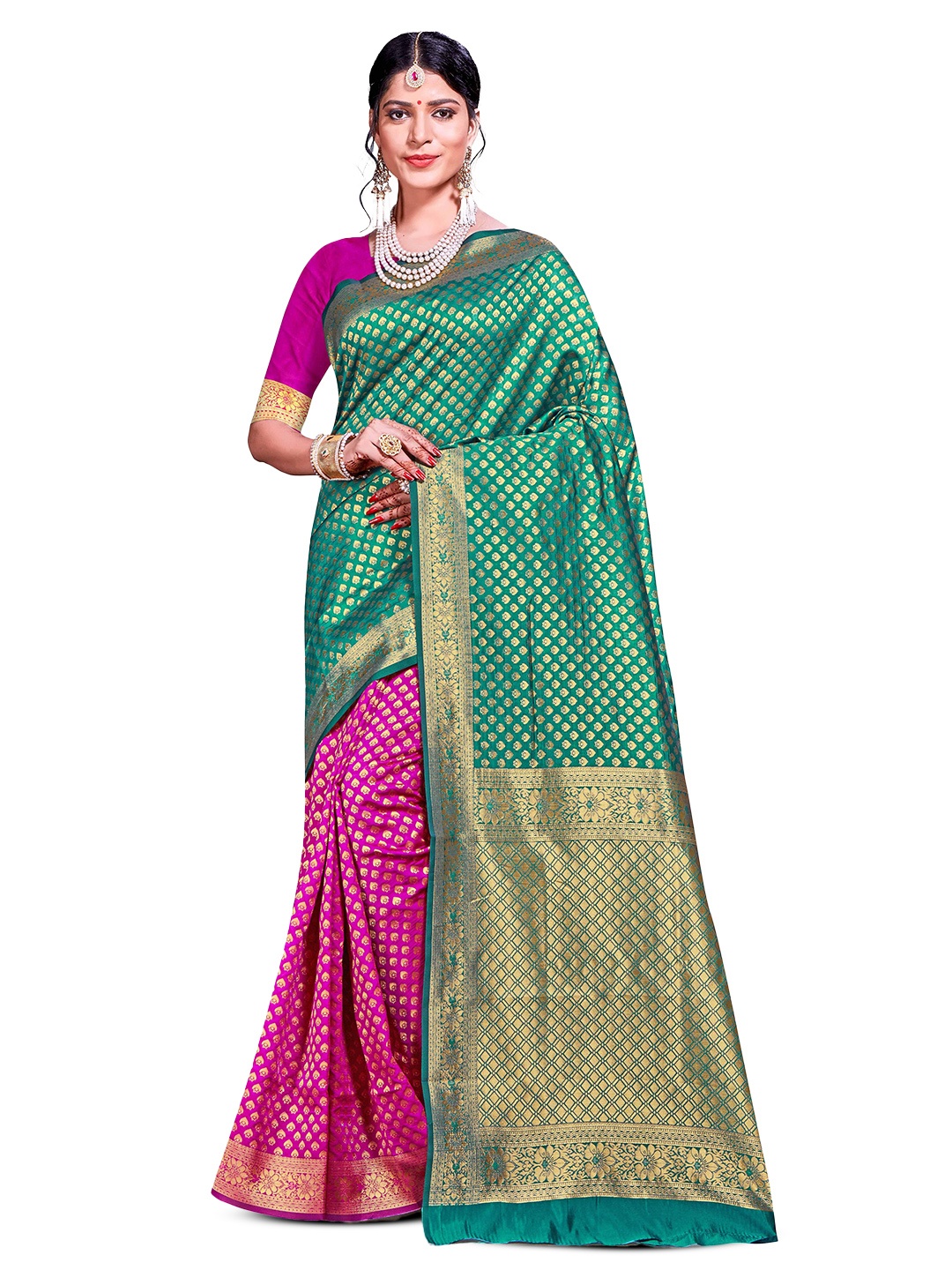 

Maroosh Woven Design Banarasi Saree With Zari Border, Pink