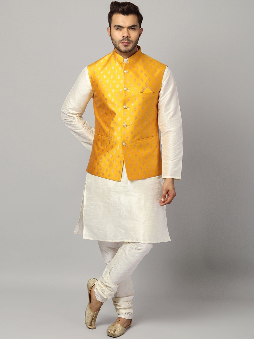 

Ethluxis Men Regular Dupion Silk Kurta with Churidar, Yellow