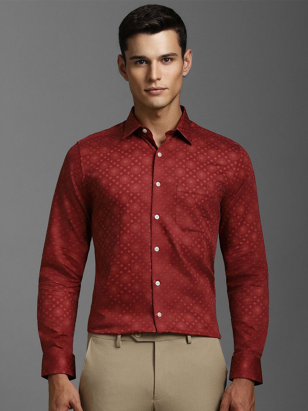 

Louis Philippe Men Spread Collar Ethnic Motifs Printed Cotton Slim Fit Formal Shirt, Maroon