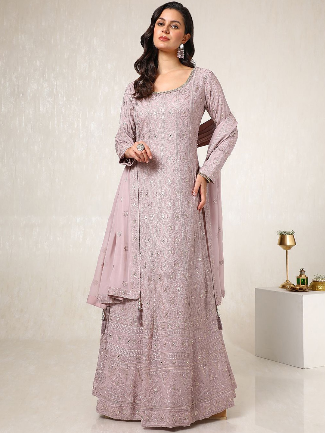 

Soch Floral Embroidered Round Neck Mirror Work Georgette Kurta With Churidar With Dupatta, Pink