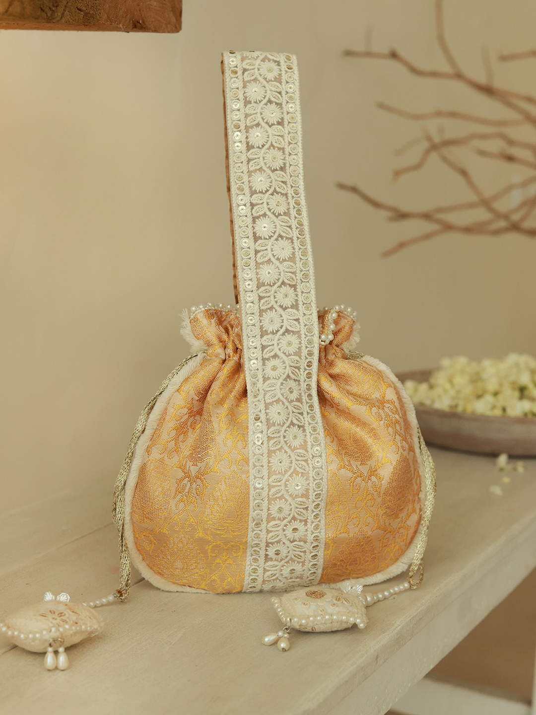 

THE TAN CLAN Embroidered Potli Clutch, Yellow