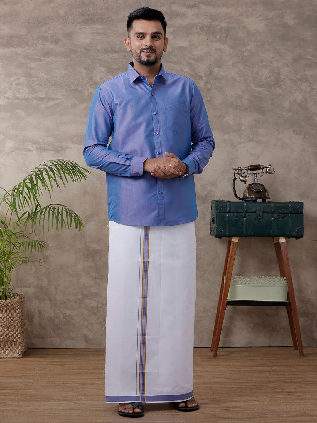 

RAMRAJ Men Solid Traditional Cotton Shirt And Matching Fancy Border Dhoti, Blue