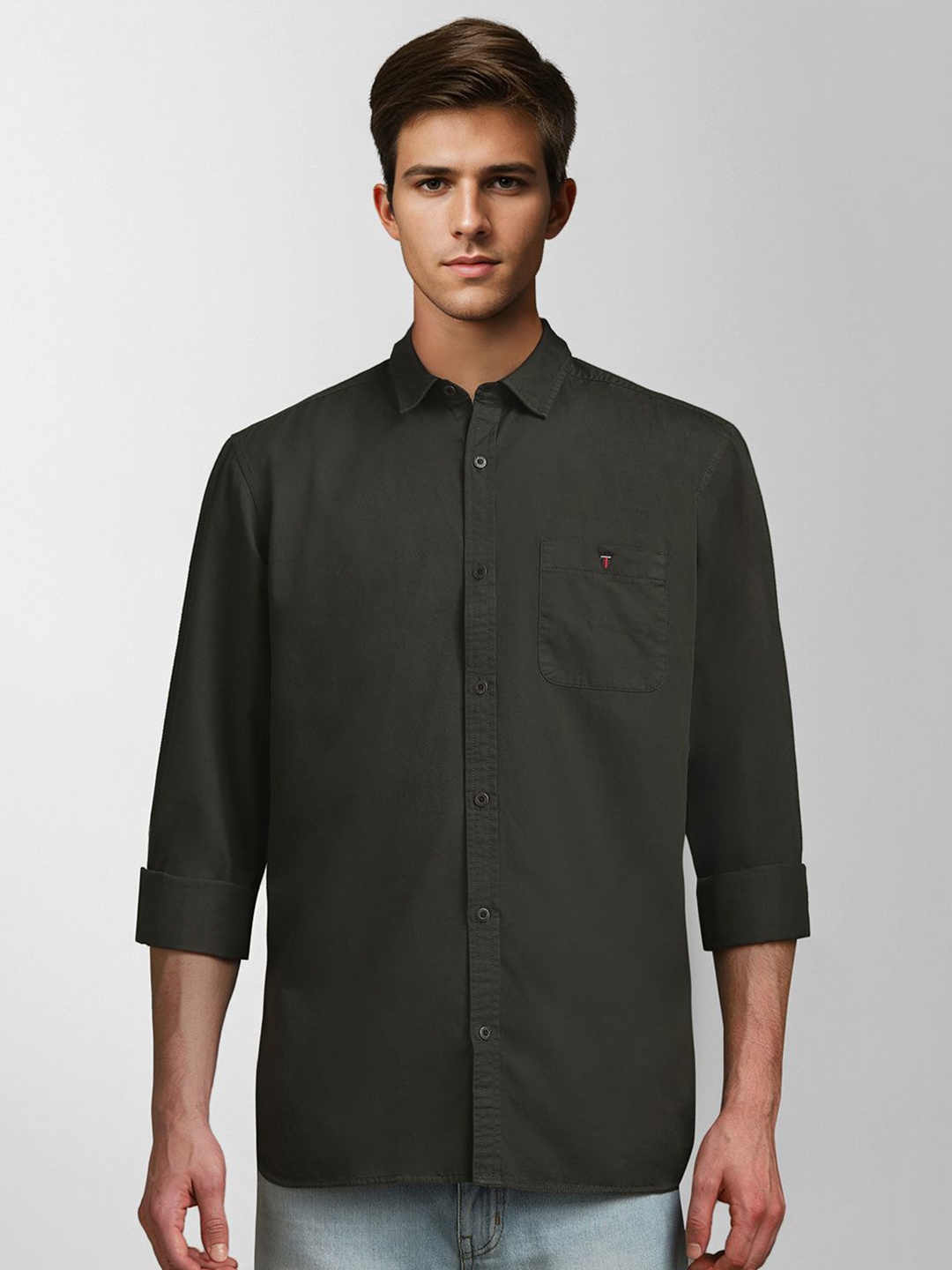 

Louis Philippe Jeans Men Spread Collar Solid Cotton Casual Shirt, Green
